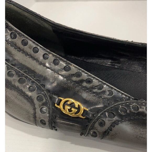 Authentic Gucci Black/Grey Brogue Leather Ballet Flats Size 40 - Picture 3 of 14